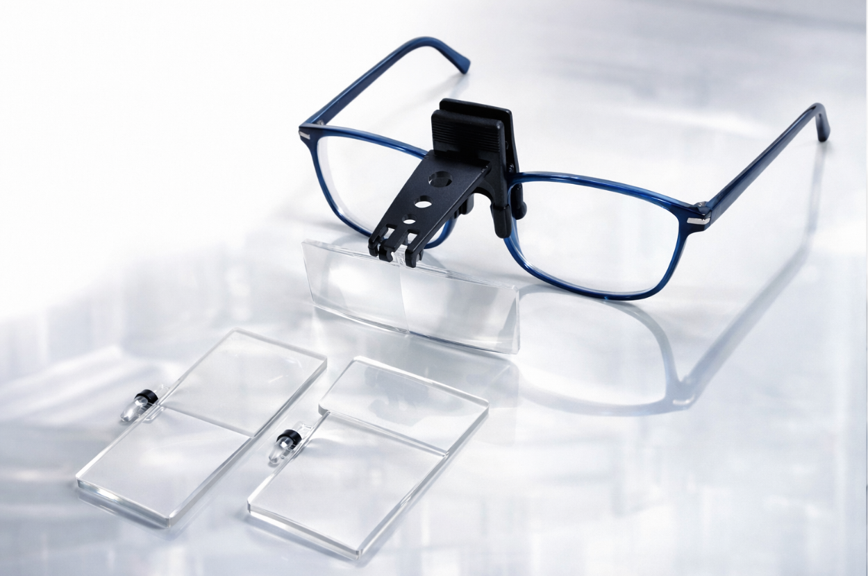 Clip con lentes de acrílico óptico con aumentos 1.5X, 2.5X y 3.5X, tamaño 7.4 cm x 2.8 cm, ideal para precisión visual