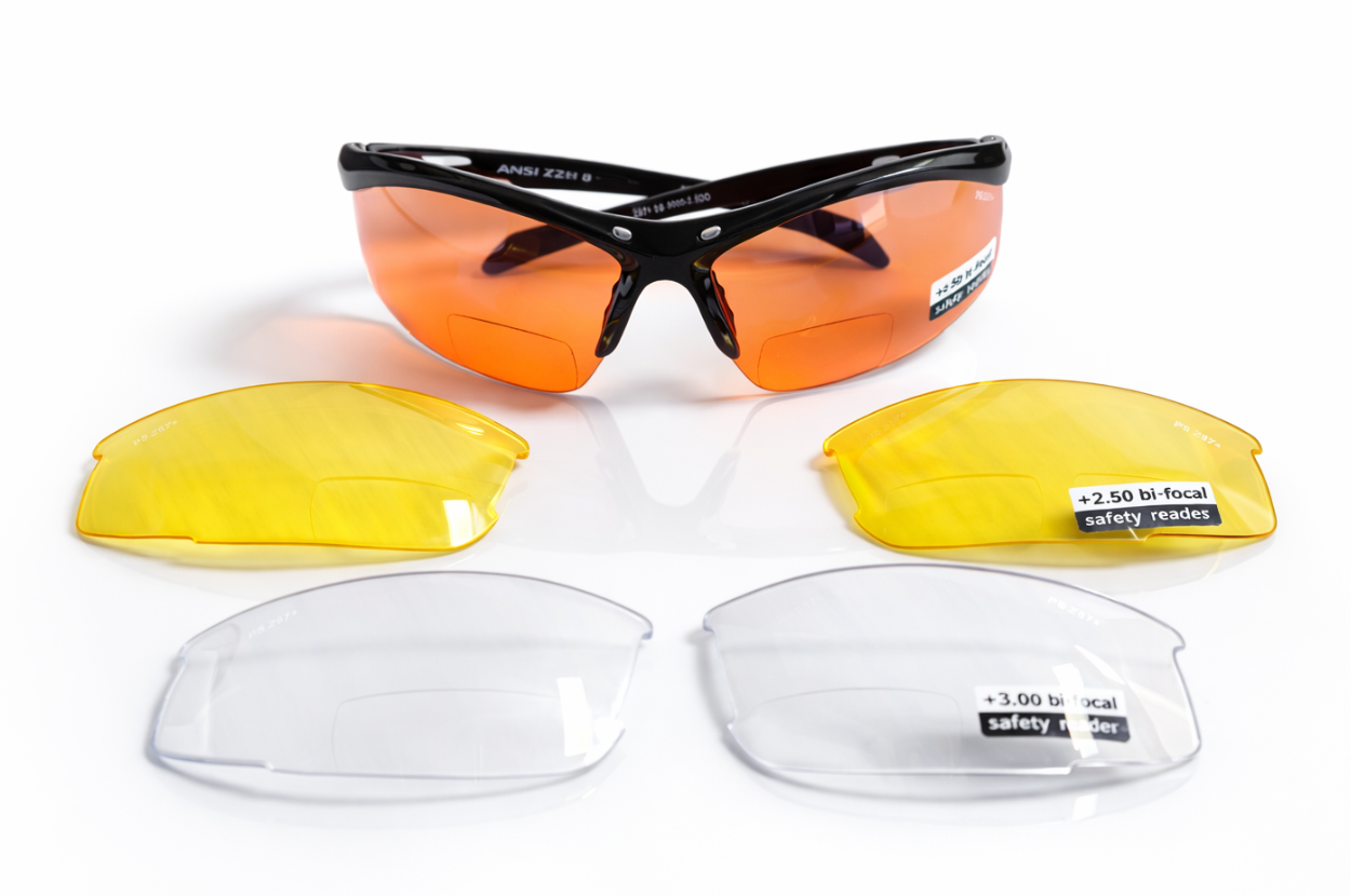 Gafas de seguridad graduadas bifocales con sistema de lentes intercambiables para protección profesional.
