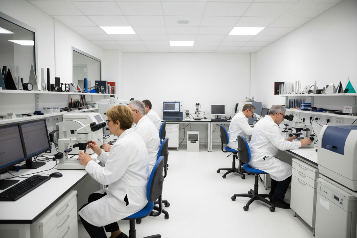 creame una imagen de personas de mediana edad , con fondo de laboratorio optico